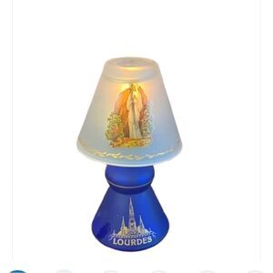 Laurdes Mother Mary satin and cobalt blue glass fairy / tea light candle holder